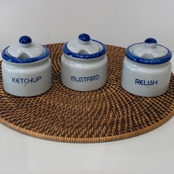 Vintage Other - Vintage Stoneware Condiment Jar Set – Relish Mustard ,Ketchup Blue Rim 7 ounces